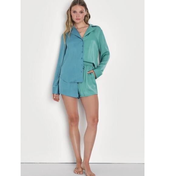 Lulus Sleepy Sweetie Teal and Blue Block 2 Piece Pajama Set  Swifty  whimsy L - Picture 1 of 15